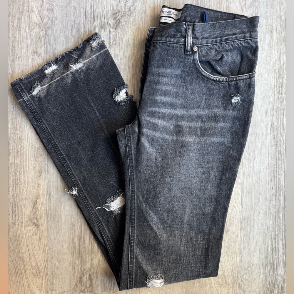 YSL Distressed Denim Faded Style Black Mid Rise Bootcut Jeans Edgy Cool Medium
